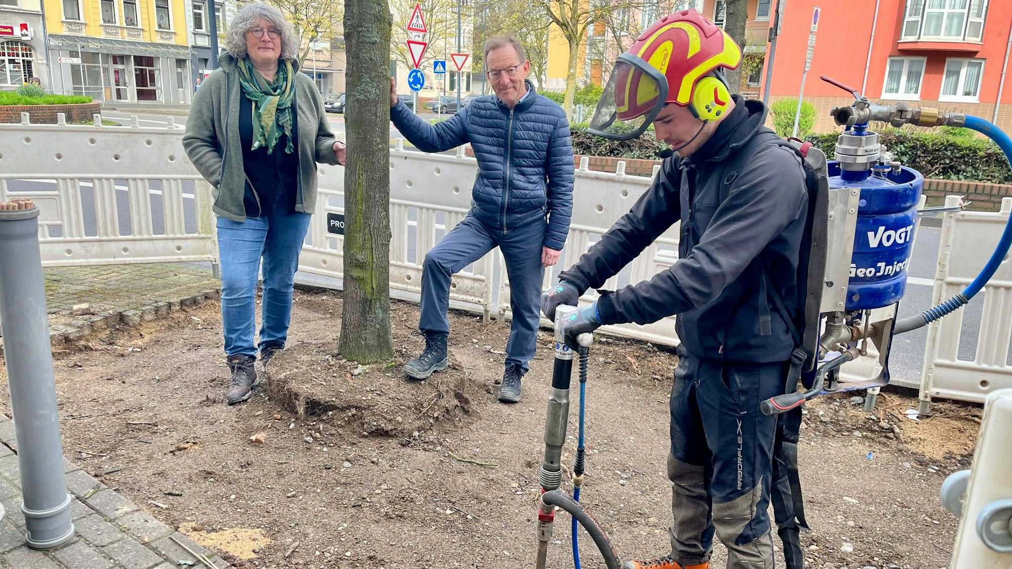 Ein Fachmann lockert die Erde rund um das Wurzelwerk eines Straßenbaums auf.