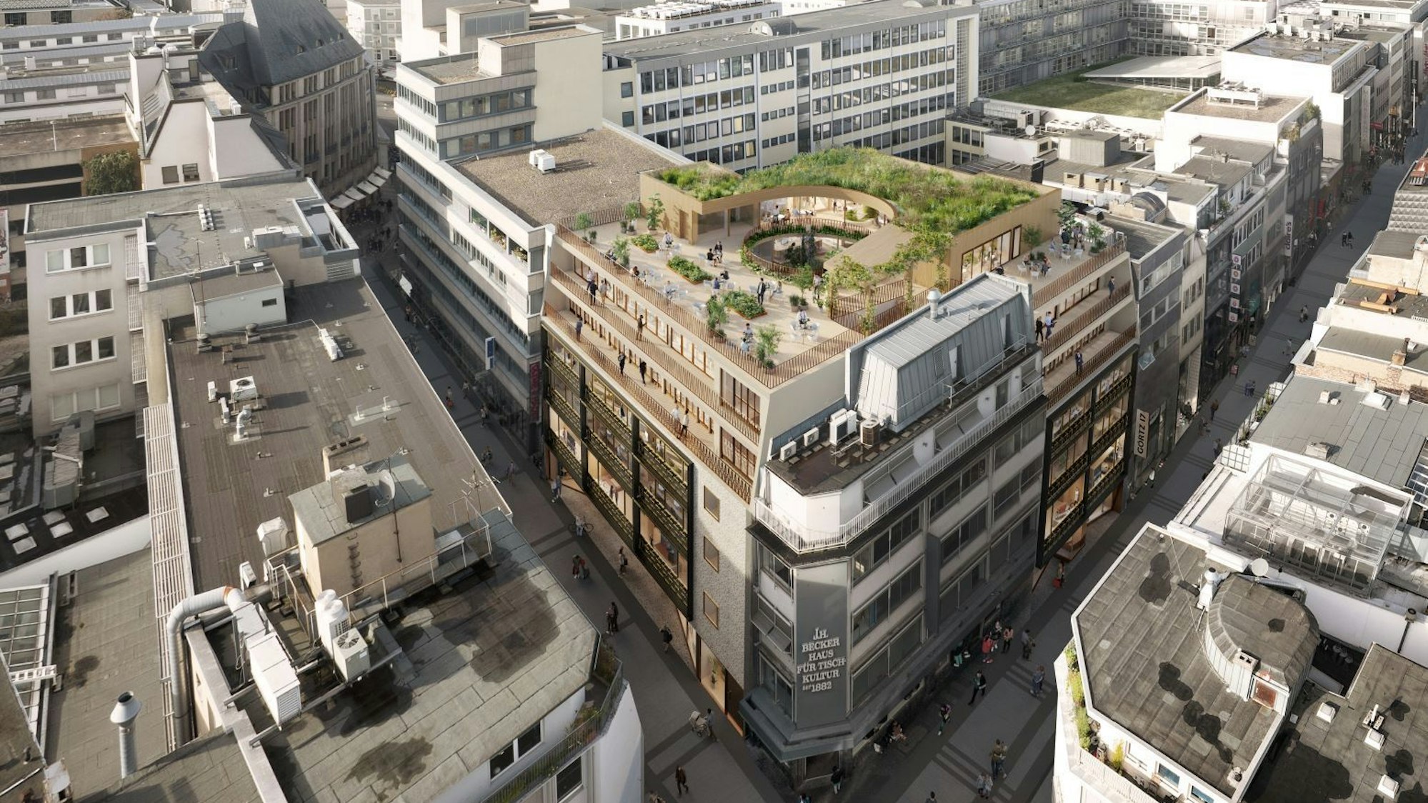Visualisierung des geplanten Umbaus des ehemaligen „Silber Becker“-Hauses an der Hohe Straße mit großer Dachterrasse