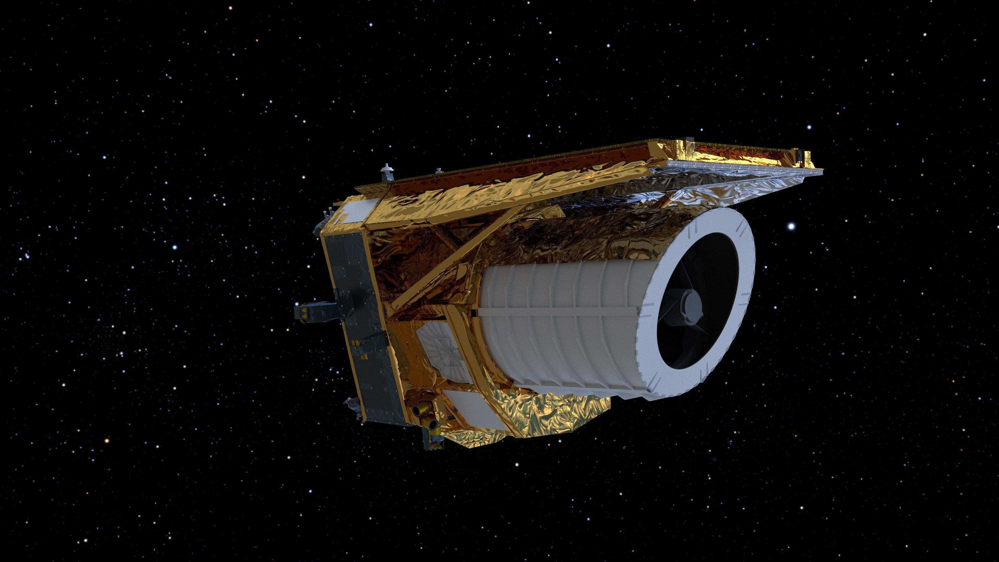 HANDOUT - 06.11.2023, ---, --: Ein Computergeneriertes Bild des Weltraumteleskops «Euclid». (zu dpa: «Sehvermögen lässt nach: Weltraumteleskop «Euclid» muss enteist werden») Foto: --/ATG/ESA/dpa +++ dpa-Bildfunk +++