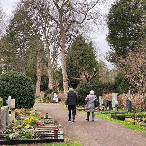 Zu sehen ist der Brühler Südfriedhof mit Grabstätten und zwei Besuchern.