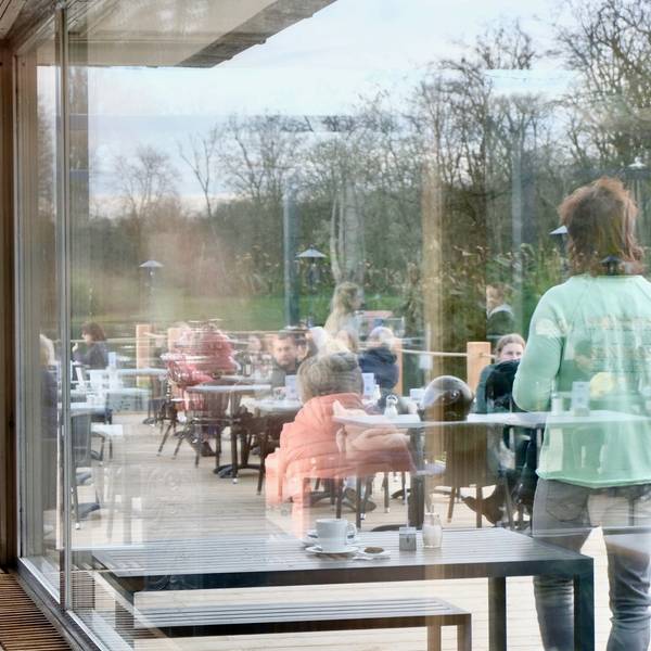 Blick aus dem Haus am See auf die neue Terrasse des Hauses am Decksteiner Weiher in Köln-Lindenthal.
