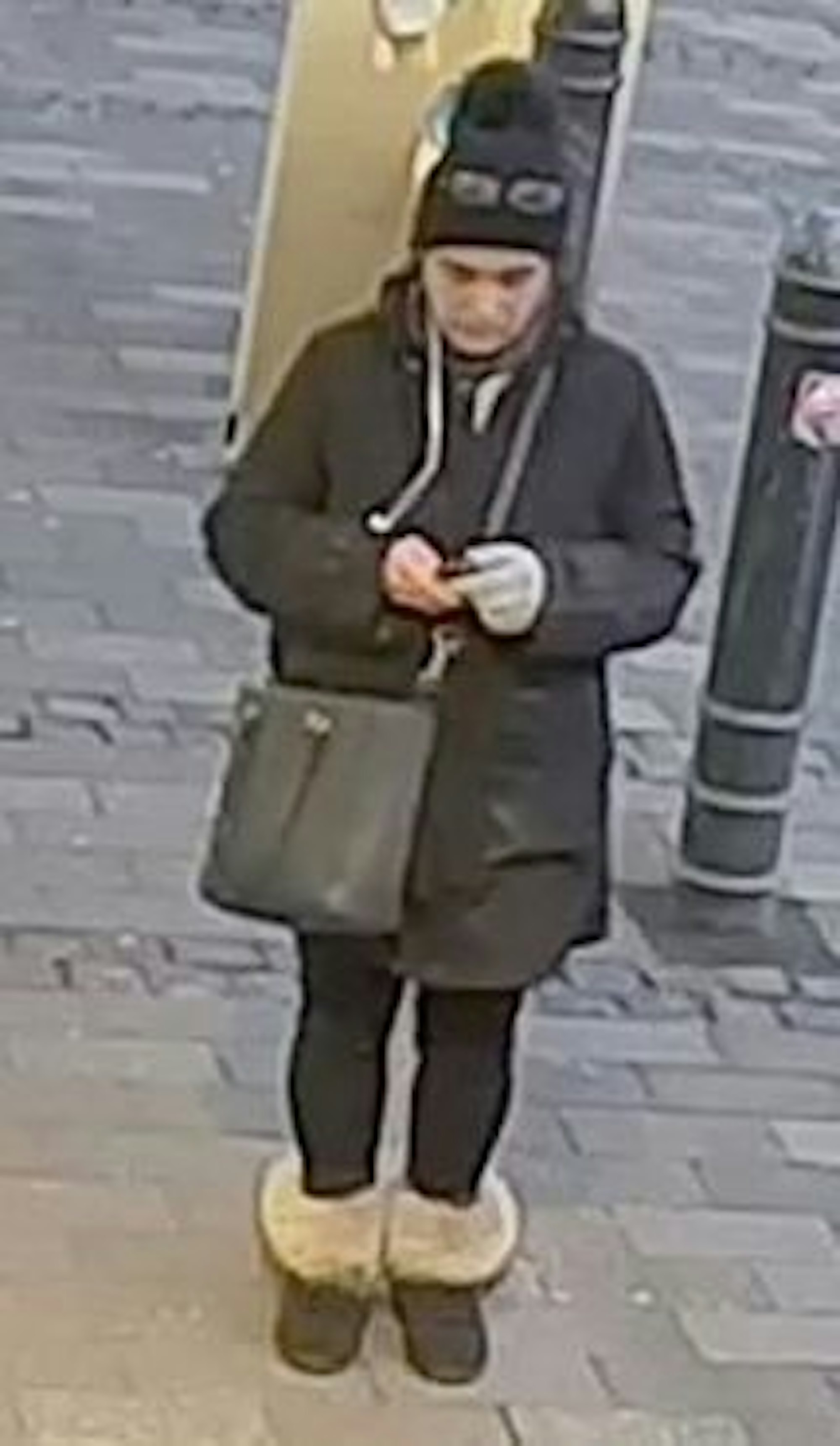 Frau mit schwarzem Mantel, Stiefeln mit Fell und schwarzer Mütze