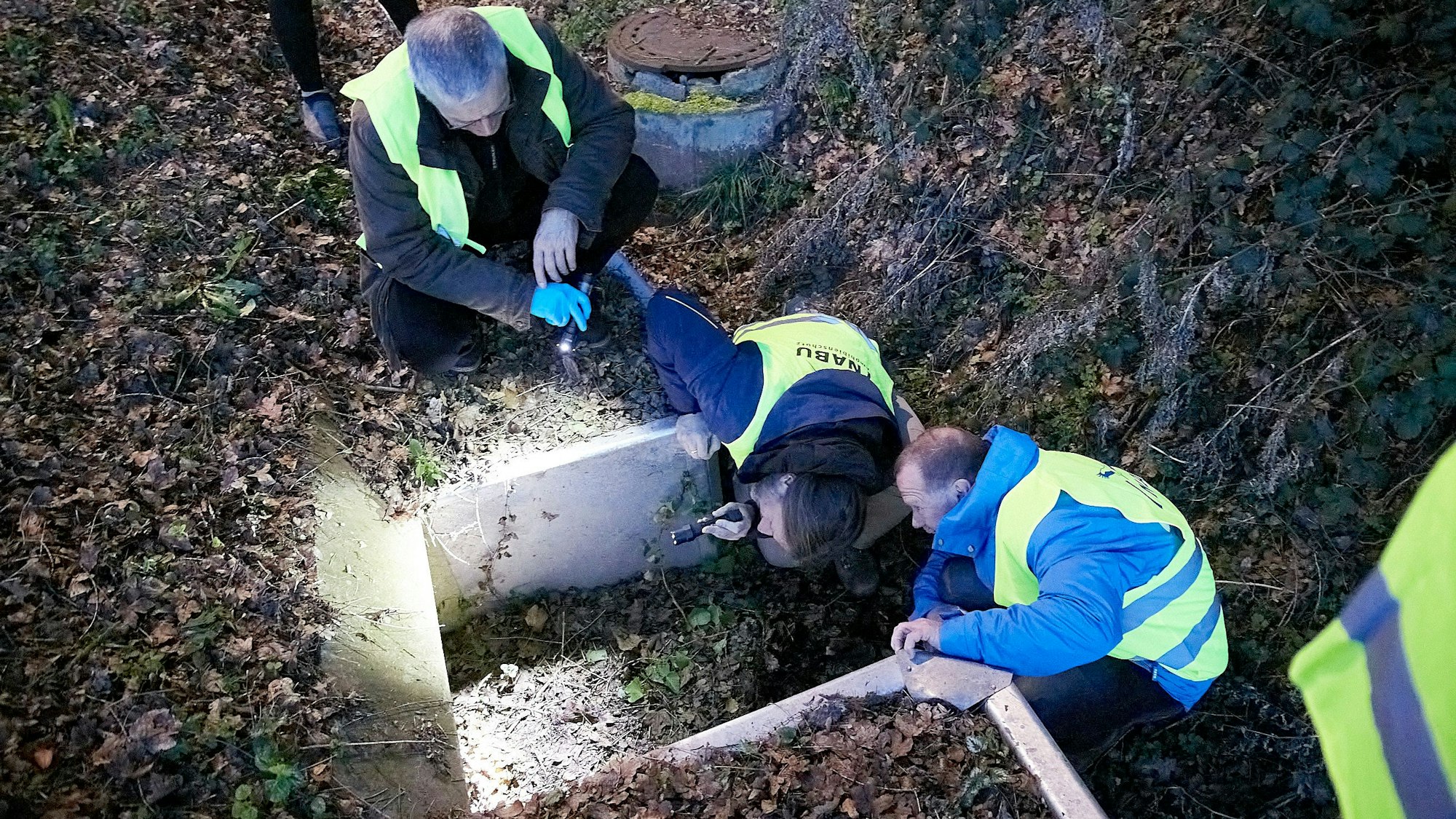 Helfer mit Warnwesten leuchten mit Taschenlampen in den Amphibientunnel.