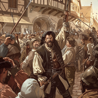 Ein wütender Kaufmannssohn führt die blutige Revolte gegen Erzbischof Anno II an. So stellt sich das KI-Programm Midjourney die Szenerie im Jahr 1074 vor.