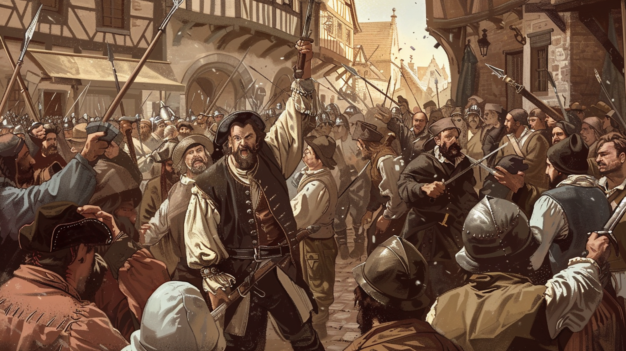 Ein wütender Kaufmannssohn führt die blutige Revolte gegen Erzbischof Anno II an. So stellt sich das KI-Programm Midjourney die Szenerie im Jahr 1074 vor.
