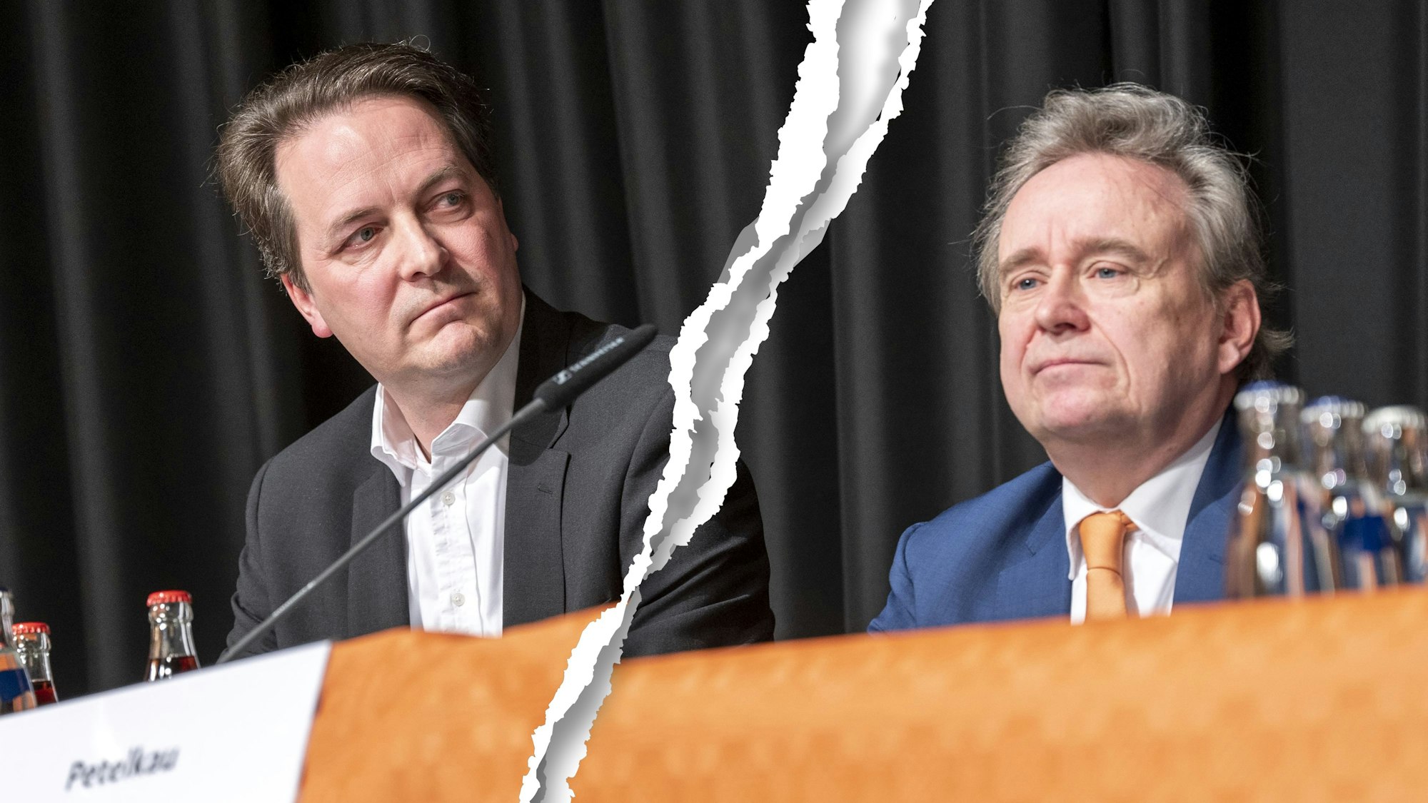 Riss in der Kölner CDU: Karl Mandl (links), neuer Parteichef der Kölner CDU, auf dem Podium bei der Mitgliederversammlung. Daneben sein Vorgänger Bernd Petelkau.