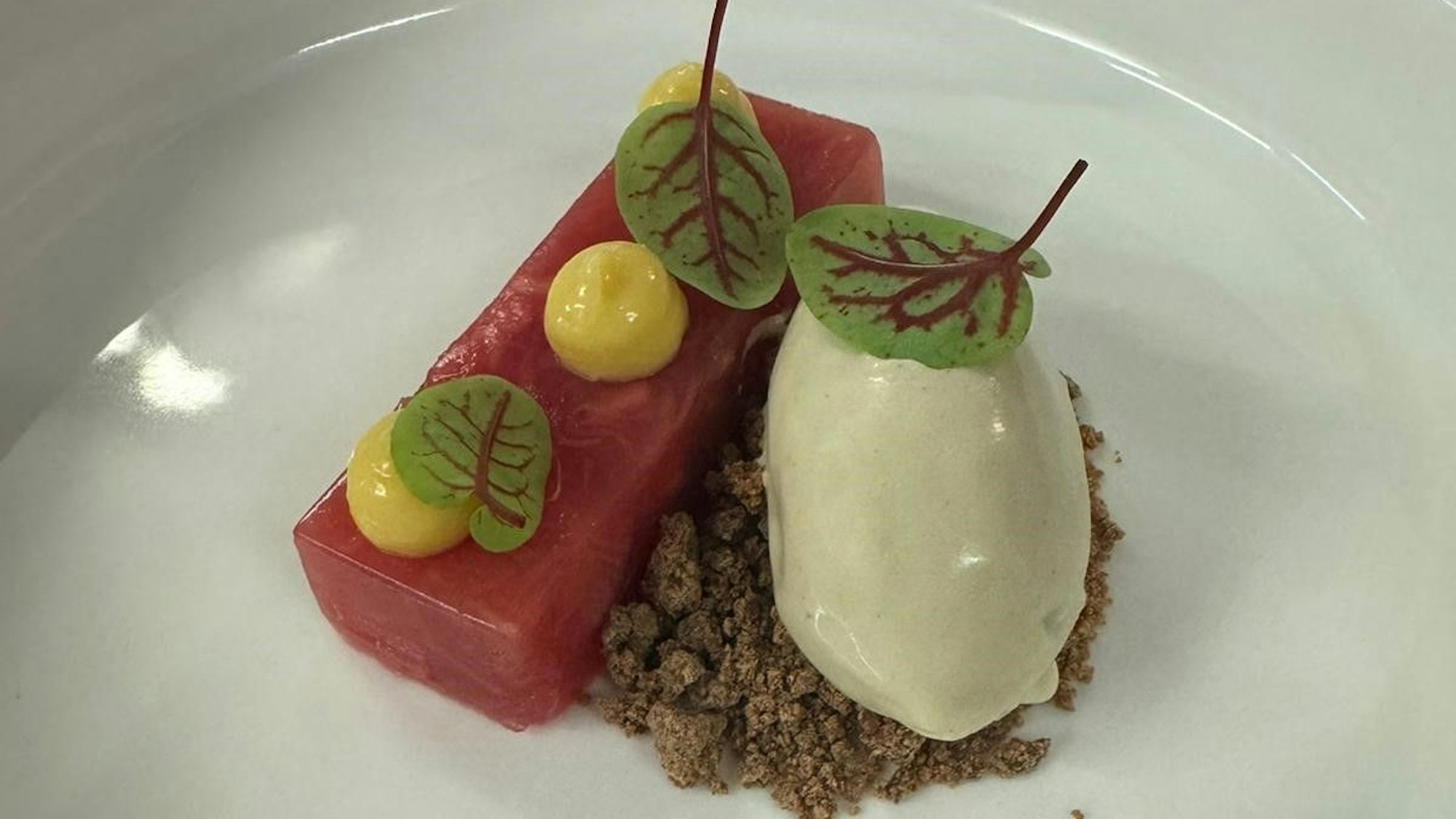 Zu sehen ist ein Dessert mit Sauerrahm, Rhabarber und weißer Schokolade.