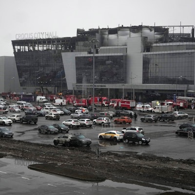 Moskau: Ein Blick auf das abgebrannte Veranstaltungszentrum Crocus City Hall nach einem Anschlag am westlichen Rand von Moskau.
