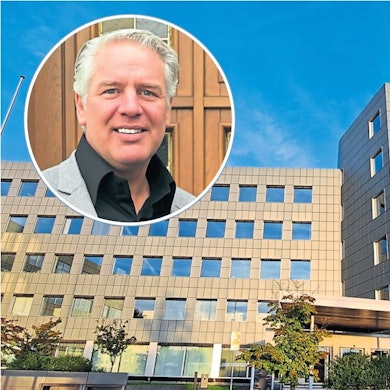 In einem runden Bild ist Odenthals Bürgermeister Robert Lennerts zu sehen, darunter ein Bild des Kreishauses Am Rübezahlwald in Bergisch Gladbach.