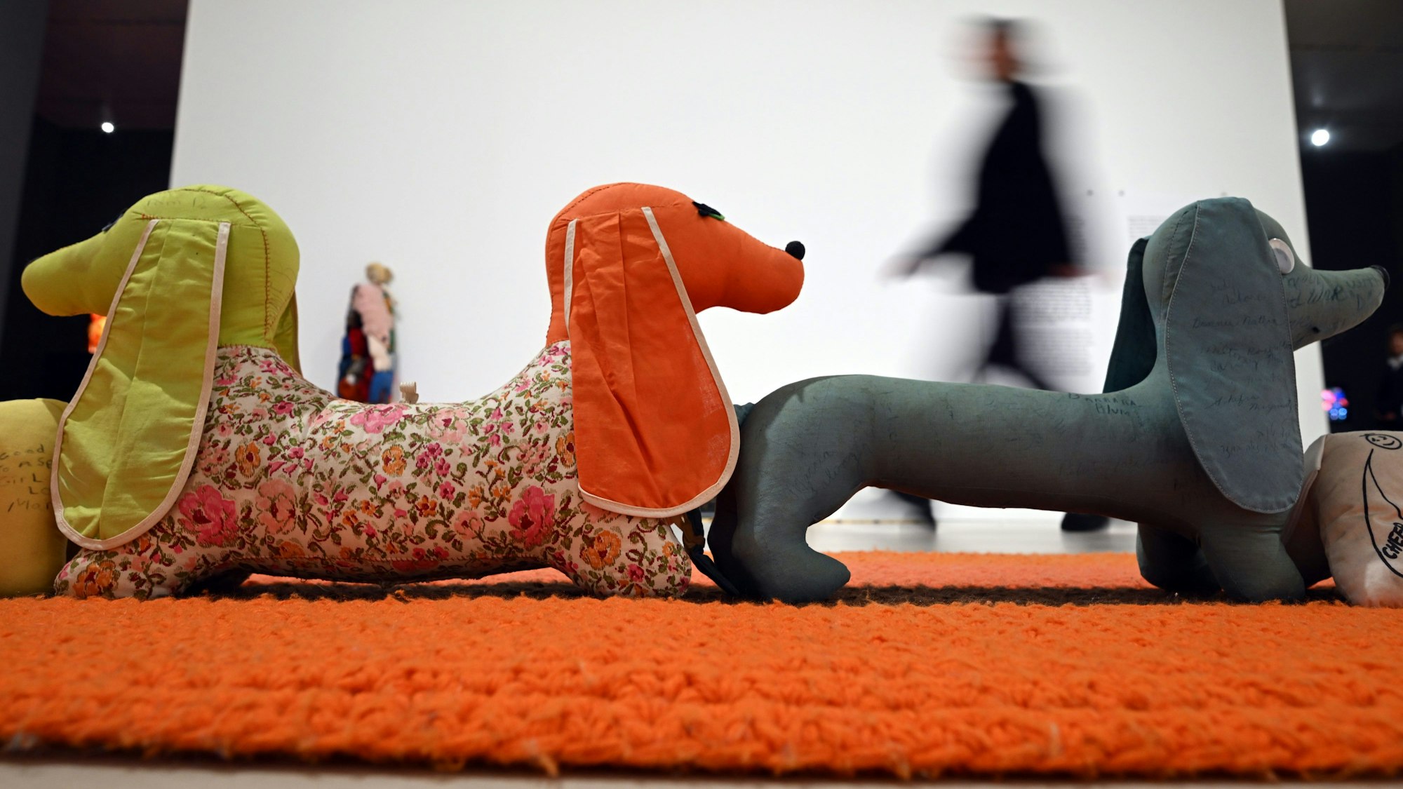 Eine Besucherin geht in der Ausstellung „Mike Kelly. Ghost and Spirit“ am Kunstwerk „Arena #10 (Dogs)“ aus dem Jahr 1990 vorbei. Im K21 der Kunstsammlung Nordrhein-Westfalen wird die Ausstellung vom 23.03. bis 08.09.2024 präsentiert.