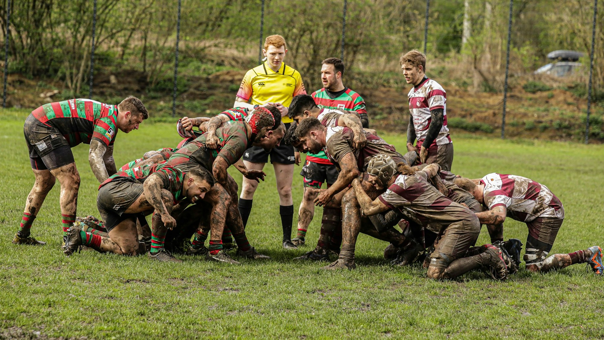 23.03.2024, Köln: Rugby Bundesliga Spiel RSV Köln  ( rot-weisse Trikots)vs. RK Heusenstamm ( gtün-rote Trikots). Foto:Dirk Borm