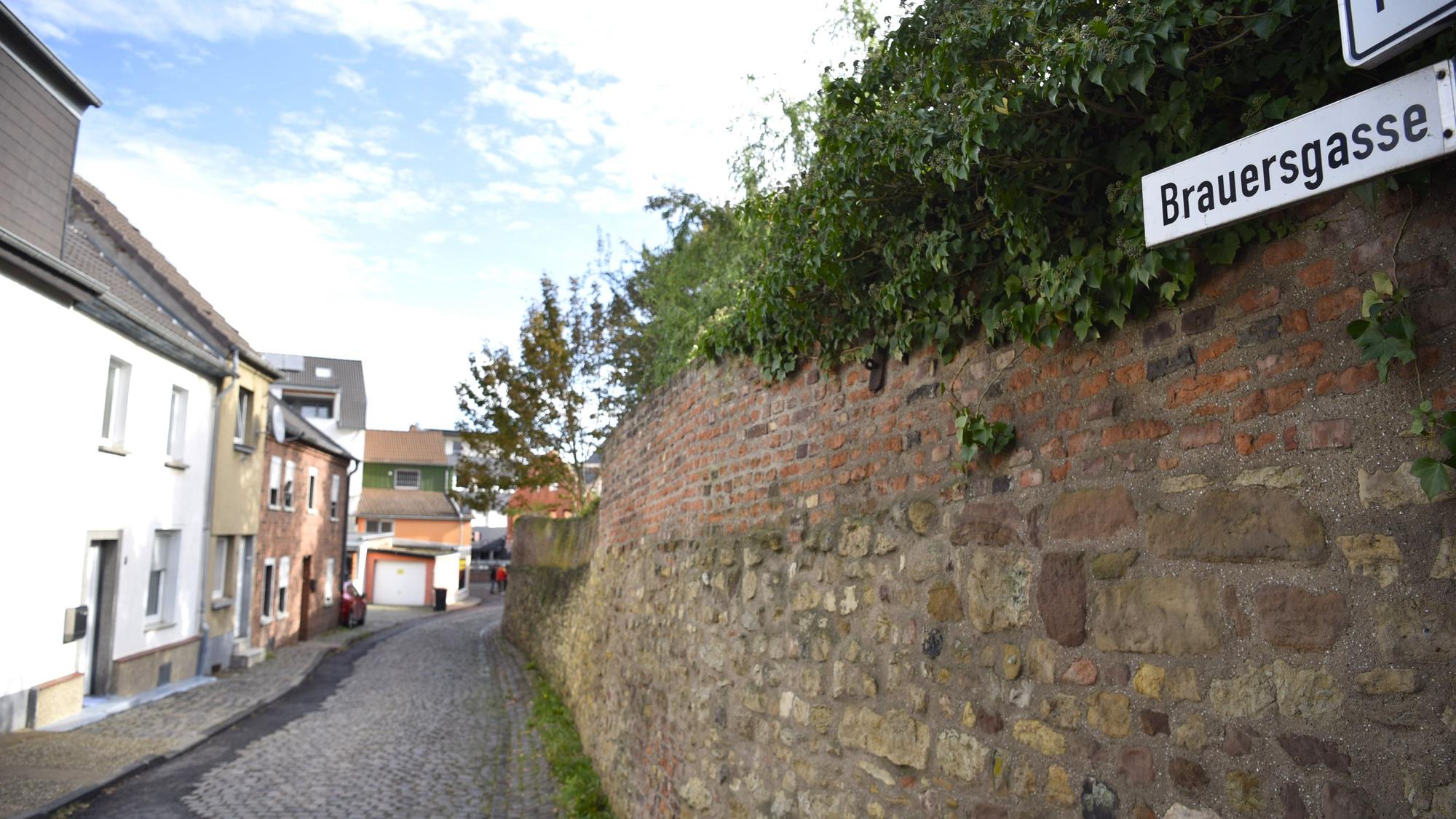 Das Bild zeigt die Brauersgasse. Links stehen Häuser, rechts befindet sich die Stadtmauer.
