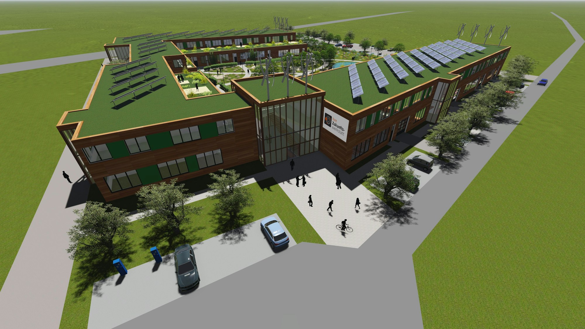 Die Visualisierung zeigt das neue BZE. Es hat ein grünes Dach und soll mit PV-Anlagen ausgestattet werden.