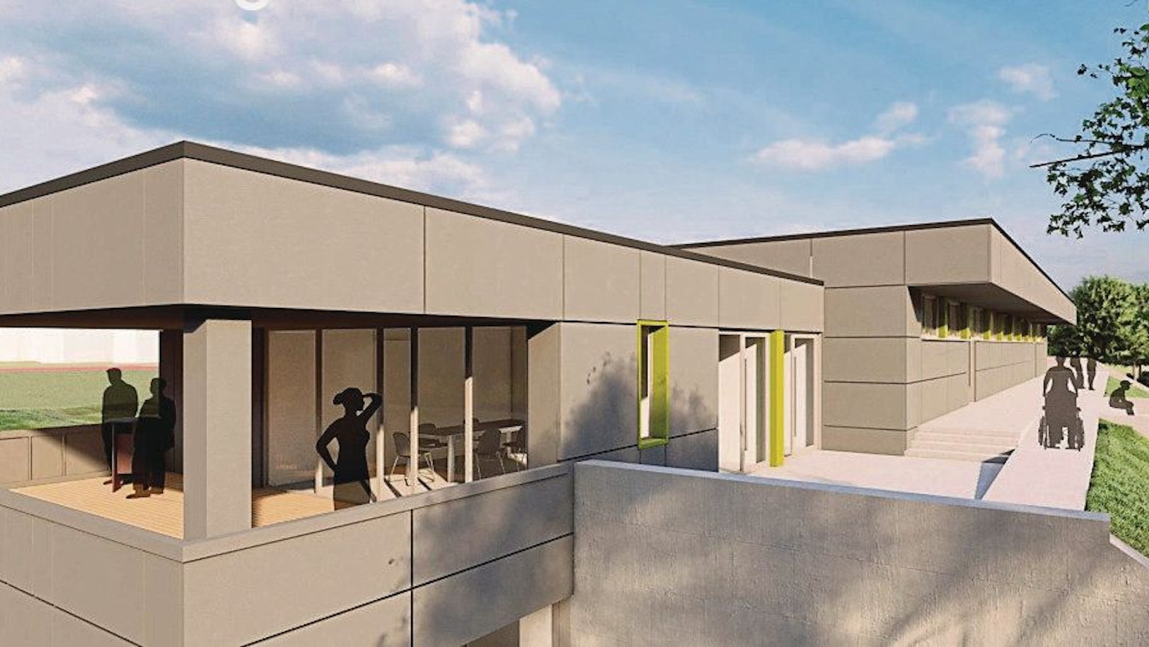 Entwurf für ein Gebäude aus Beton mit Balkon, Flachdach und grünen Fensterfassungen