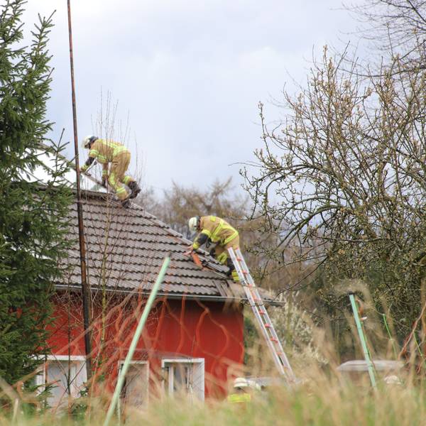 In Much hat am Sommerhausener Weg ein Schuppen gebrannt. Das Feuer drohte ins Haus zu schlagen. Feuerwehrleute deckten Teile vom Dach des Anbaus ab.