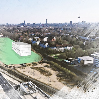 Die Skizze des Entwicklungsbüros zeigt das Baufeld (in Grün). Am vorderen Ende die Unterführung nach Mauenheim / Weidenpesch, hinten das Grundstück mit Discounter und Autowaschstand.