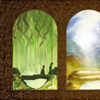 Zu sehen sind drei kirchenfensterartiger Öffnungen. Im ersten wandern die beiden Hauptfiguren durch einen Wald. Das zweite zeigt eine Berglandschaft mit einem See und Nebel. Das dritte zeigt einen Wasserfall an grünen Hügeln.