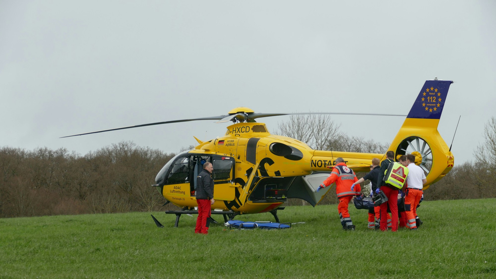 Ein Rettungshubschrauber auf einer Wiese.