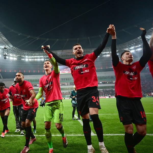 (LtoR) Bayer Leverkusen's Burkinabe defender #12 Edmond Tapsoba, Bayer Leverkusen's German midfielder #10 Florian Wirtz, Bayer Leverkusen's Nigerian midfielder #19 Nathan Tella, Bayer Leverkusen's German defender #04 Jonathan Tah, Leverkusen's Czech goalkeeper #17 Matej Kovar, Bayer Leverkusen's Swiss midfielder #34 Granit Xhaka and Bayer Leverkusen's Czech forward #14 Patrik Schick celebrate their team's 4-0 win after the German Cup (DFB-Pokal) semi-final football match between Bayer 04 Leverkusen and Fortuna Duesseldorf in Leverkusen, western Germany on April 3, 2024. (Photo by INA FASSBENDER / AFP) / DFB REGULATIONS PROHIBIT ANY USE OF PHOTOGRAPHS AS IMAGE SEQUENCES AND QUASI-VIDEO.