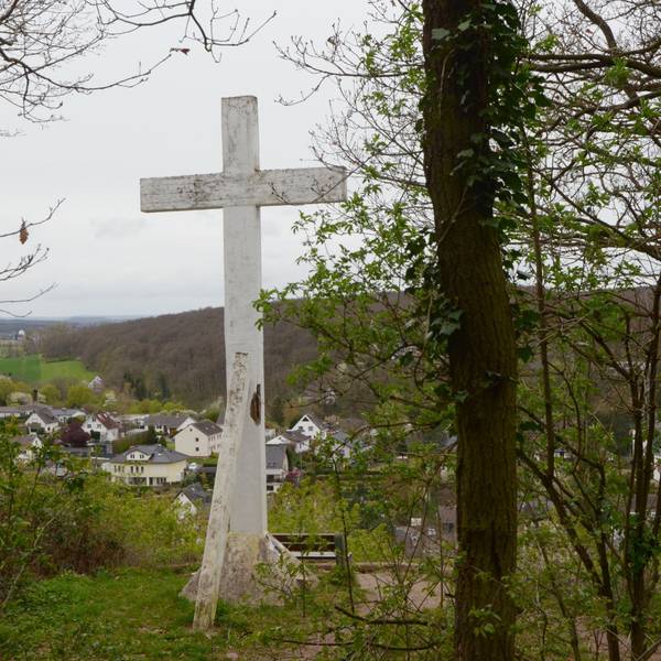 Das Kreuz steht am Waldrand, davor ist eine Sitzbank platziert. Im Bildhintergrund das Erfttal und der Ort Kreuzweingarten.
