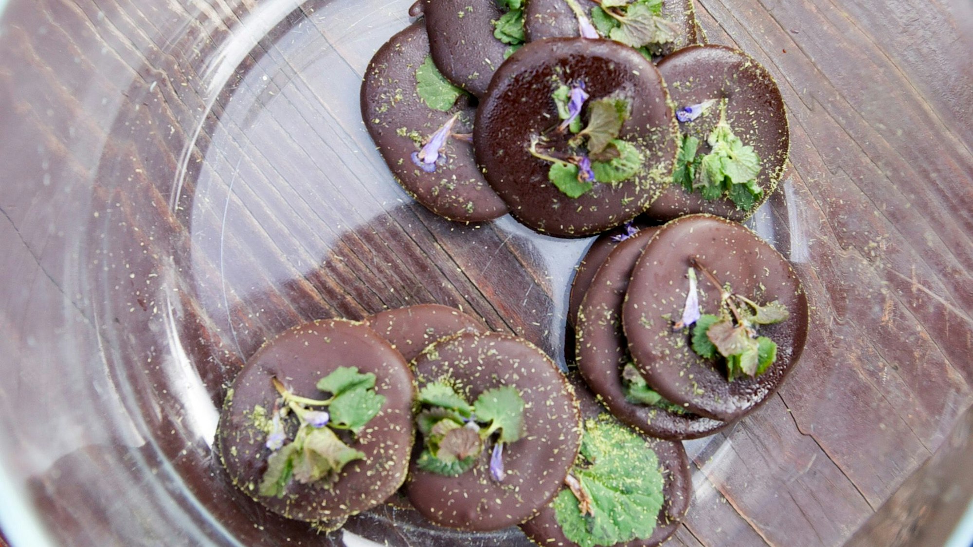 Zu sehen ist eine Glasschale mit Schokolade und Wildkräutern.