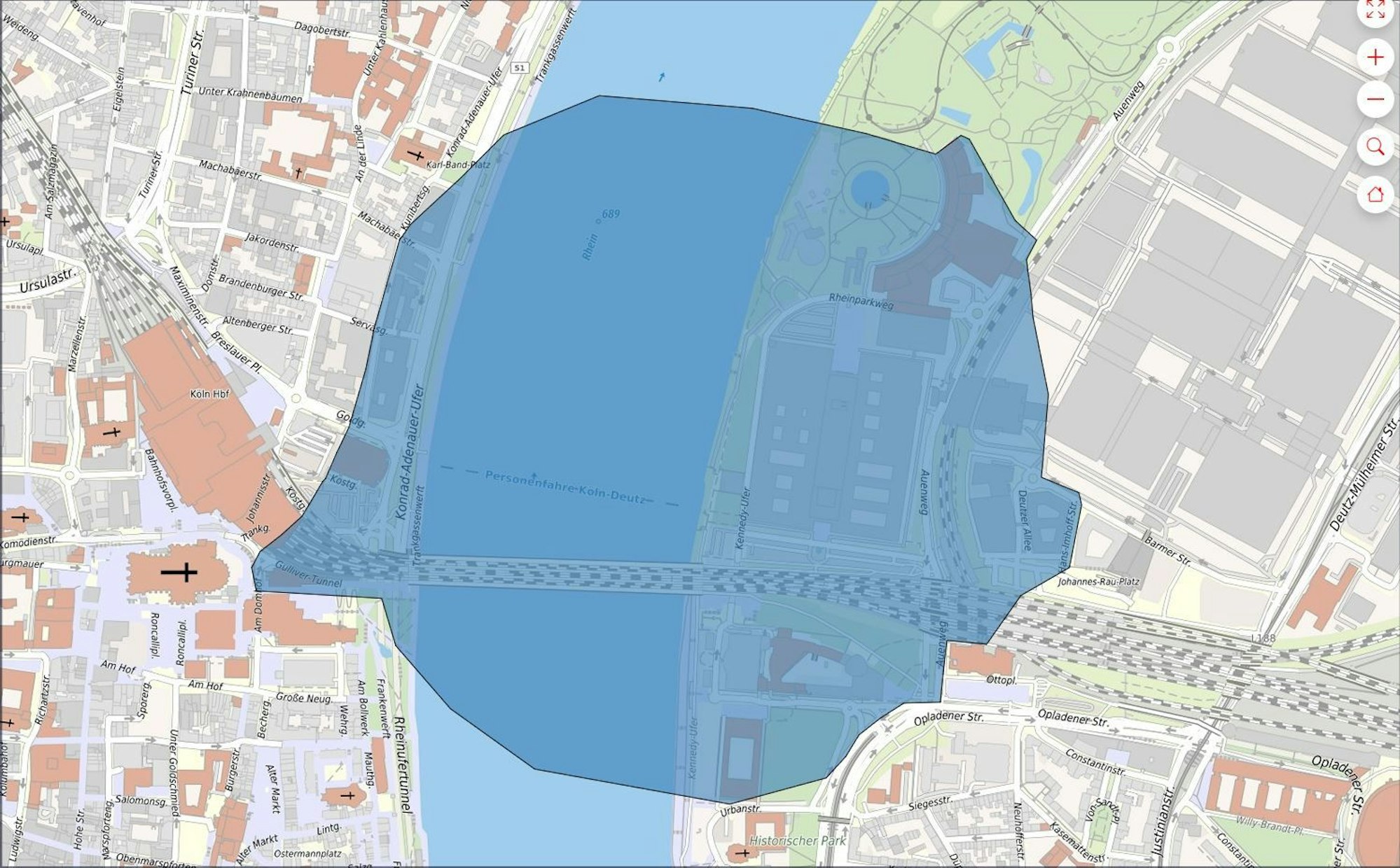 Der Evakuierungsradius nach Bomben-Fund in Köln-Deutz.