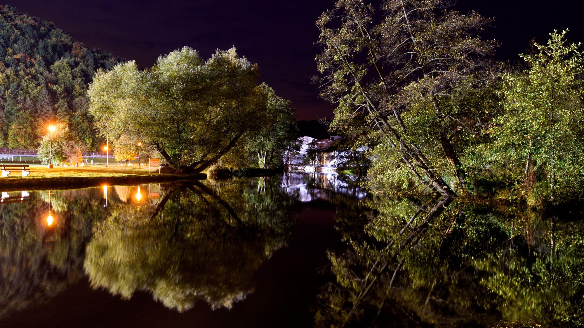 Bäume spiegeln sich in Muggendorf (Bayern) in der Wiesent.