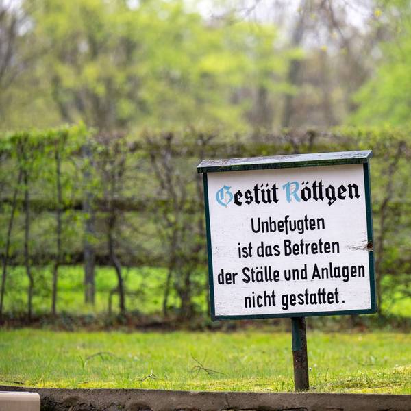 Ein Schild im Gestüt Röttgen, auf dem steht: Unbefugten ist das Betreten der Ställe und Anlagen nicht gestattet.