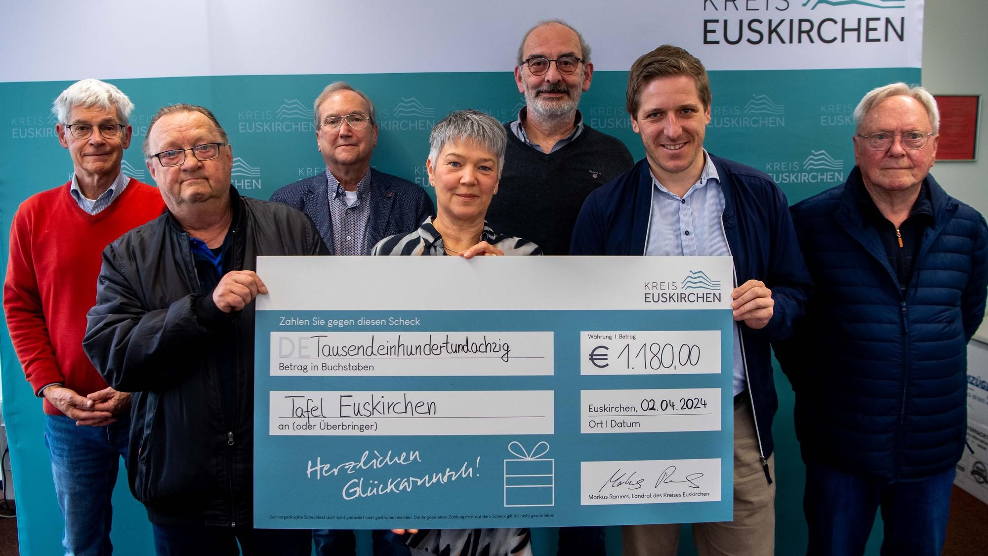 Das Bild zeigt Vertreter der Tafeln und Landrat Markus Ramers (2.v.r.) mit einem symbolischen Scheck.