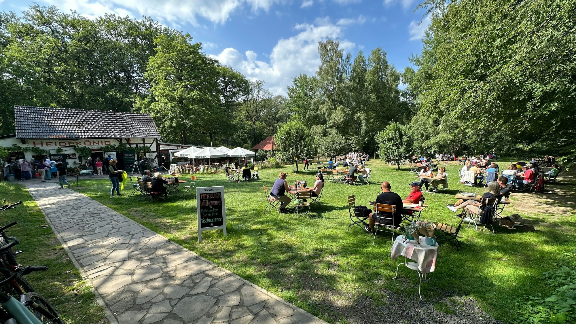 Viele Menschen sitzen an Tischen auf einem grünen Rasen.