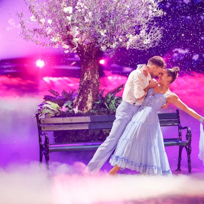 Jana Wosnitza, Sportjournalistin, und Vadim Garbuzov, Profitänzer, tanzen in der RTL-Tanzshow „Let's Dance“ auf dem Parkett im Coloneum.