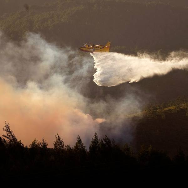 ARCHIV - 25.07.2023, Portugal, Alcabideche: Ein Wasserflugzeug versucht einen Waldbrand in Alcabideche, außerhalb von Lissabon, zu löschen.