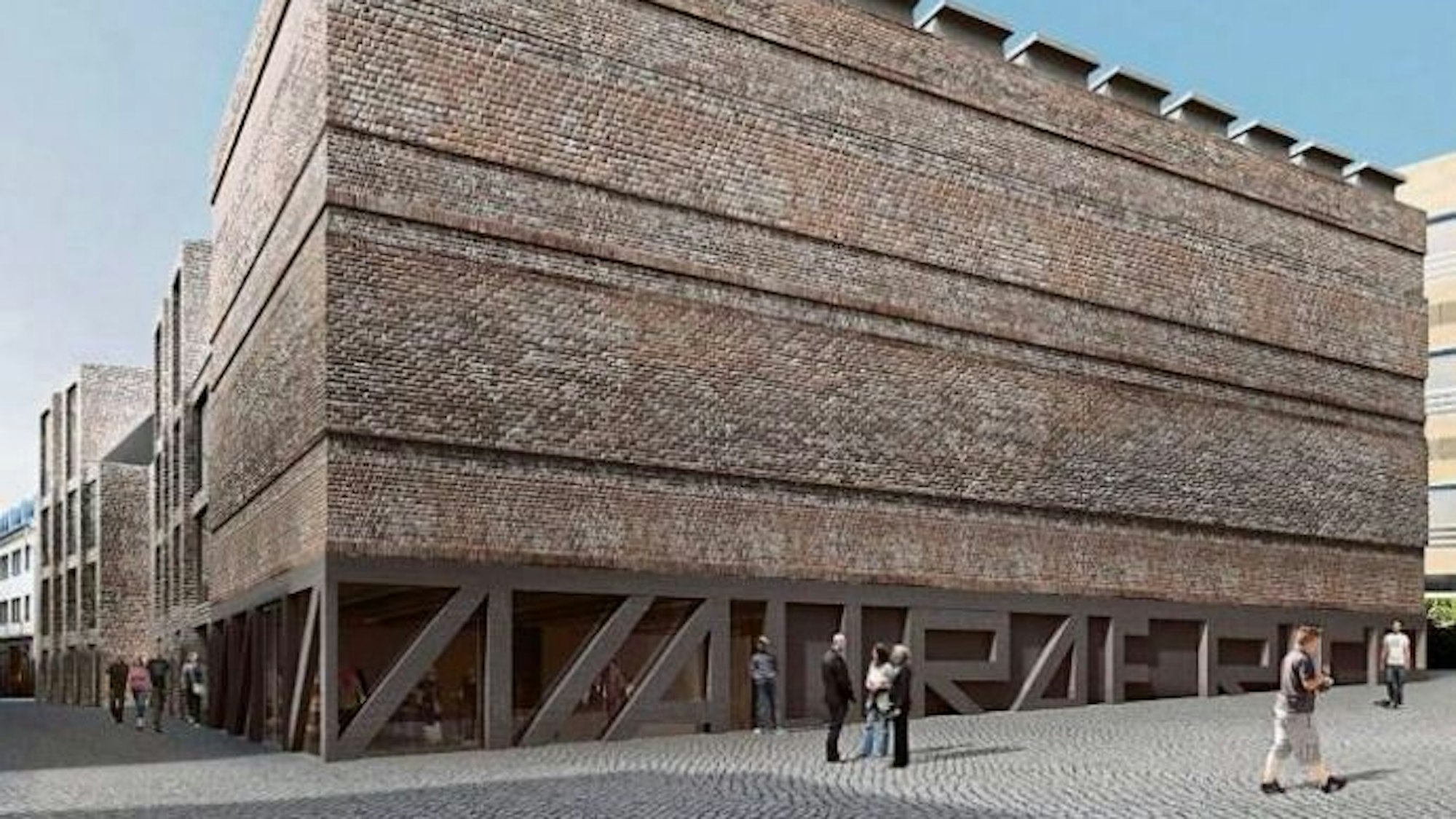 Mehrere Passanten stehen in einer Visualisierung vor einem fensterlosen Gebäude mit Buchstaben im Erdgeschoss.