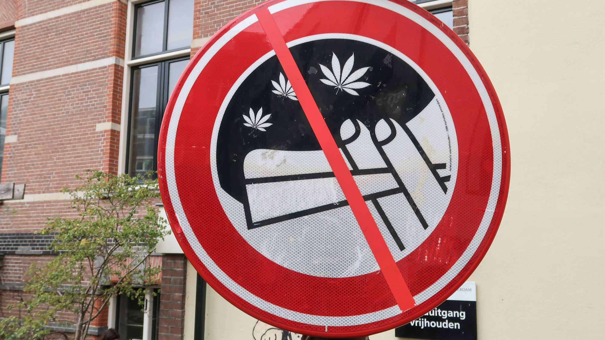 Ein Verbotsschild mit durchgestrichenem Joint ist zu sehen.