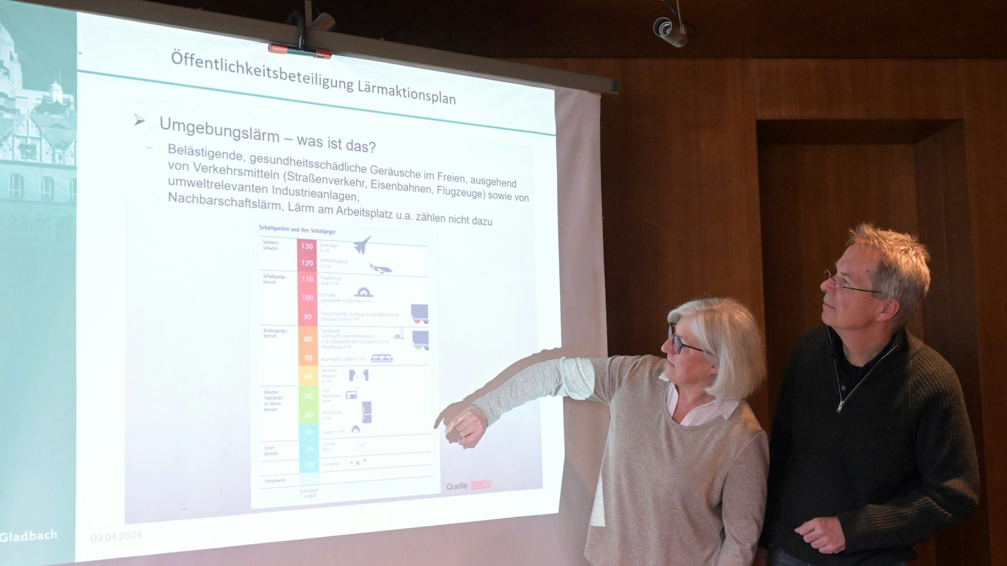 Die Beiden stehen nebeneinander vor einer Videoanimation, die eine Tabelle zeigt.