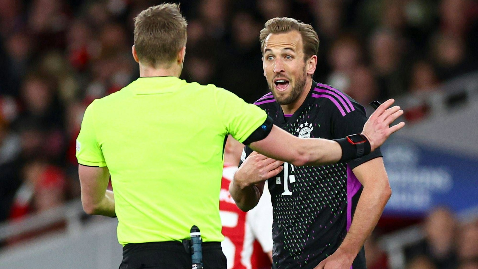 Schiedsrichter Glenn Nyberg und Bayern-Star Harry Kane diskutieren auf dem Spielfeld.