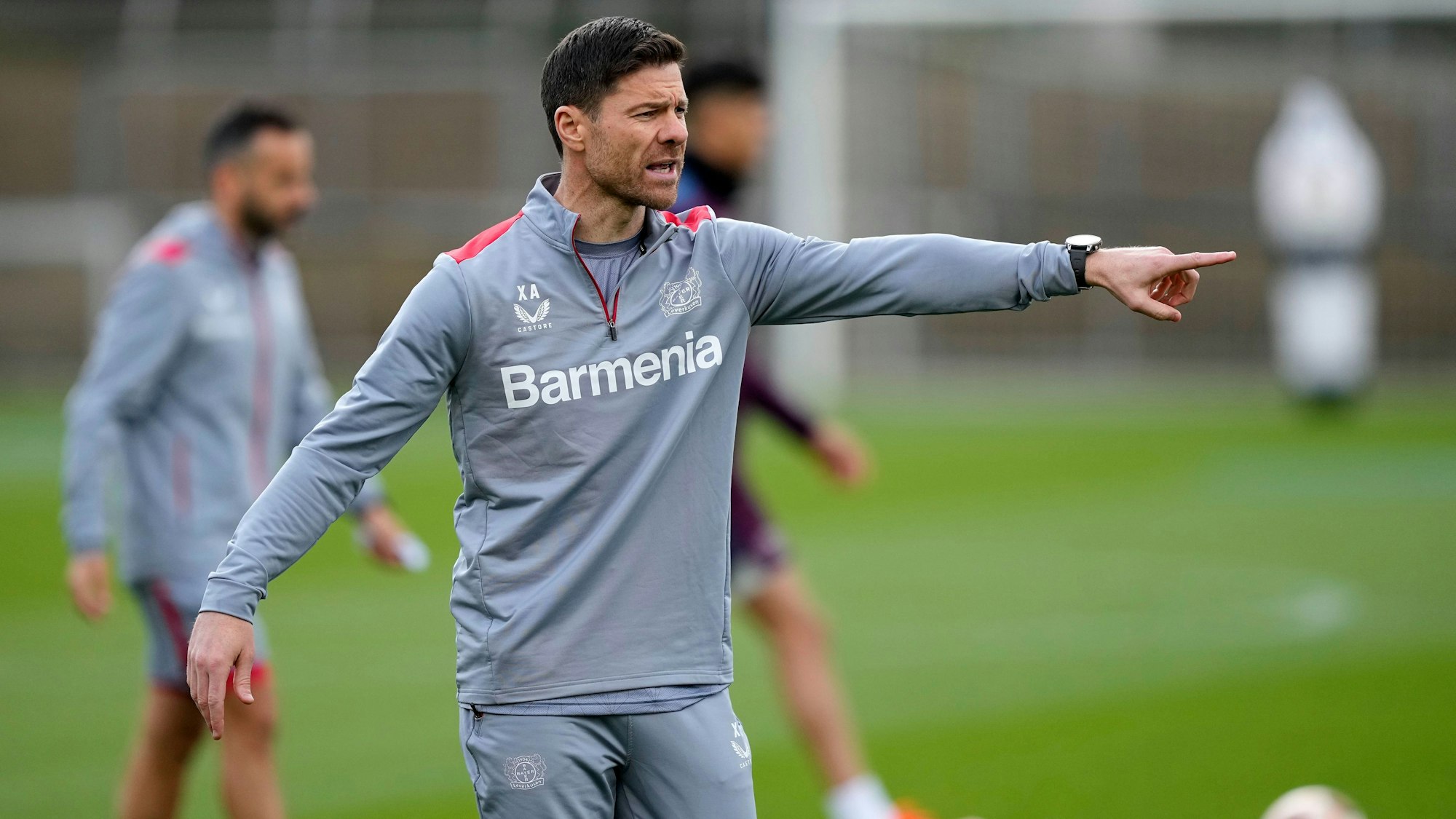 Leverkusen's head coach Xabi Alonso attends a training session ahead of the Europa League quarter final first leg soccer match between Bayer Leverkusern and West Ham in Leverkusen, Wednesday, April 10, 2024. (AP Photo/Martin Meissner)