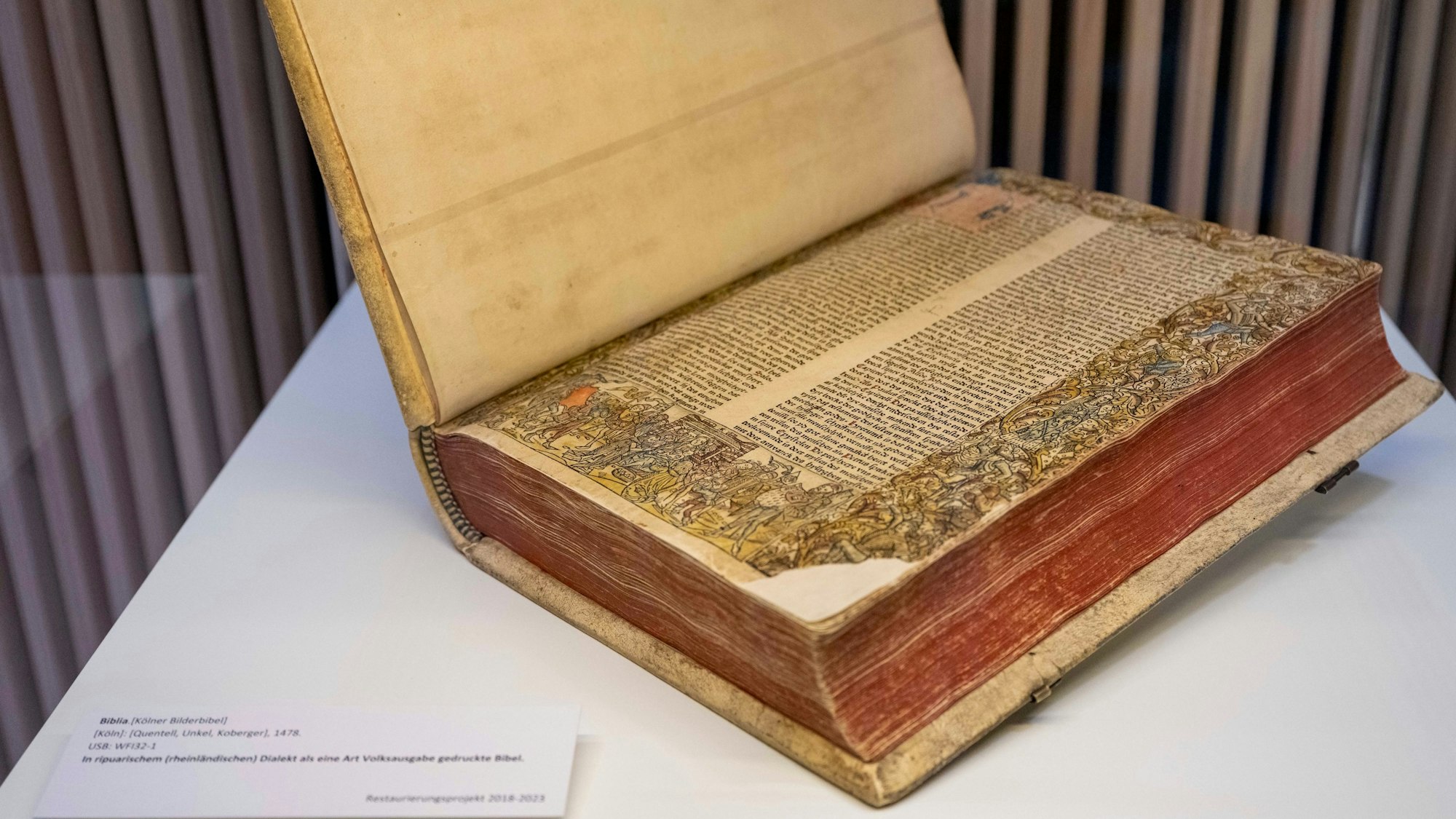 Auf dem Bild ist das große Buch zu sehen, die Seiten sind üppig bemalt.