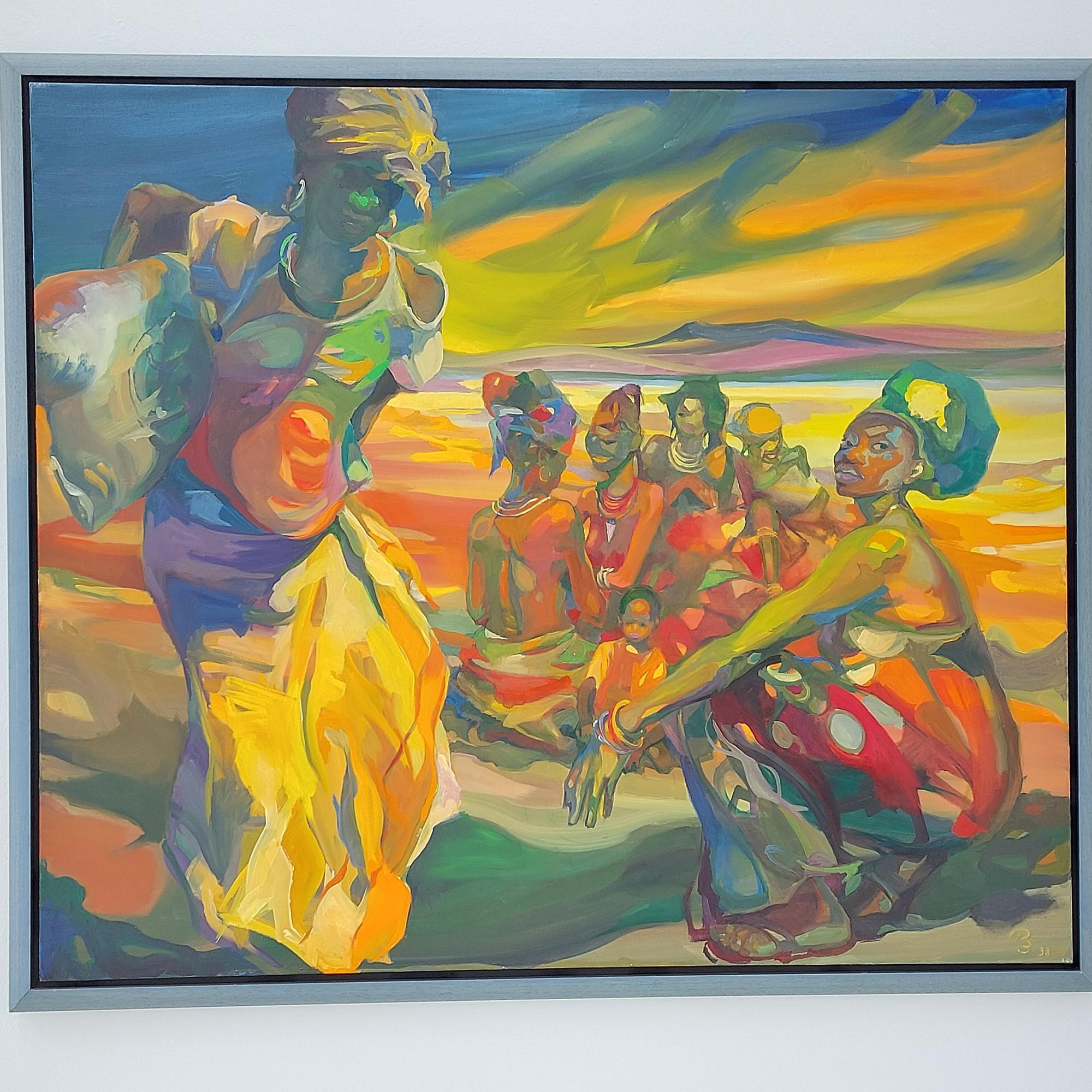 Ein Ölbild in kräftigen Farben. Zu sehen sind afrikanische Frauen, hockend oder im Stehen.
