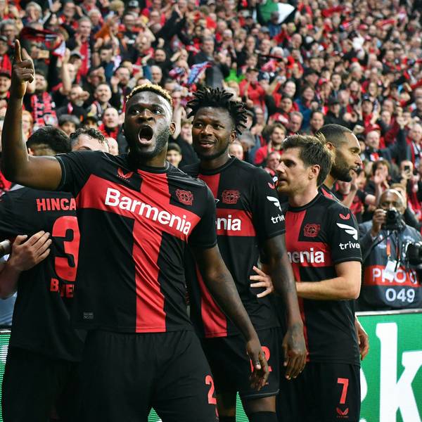 Fussball, Europa League, Deutschland, Herren, Saison 2023/2024, Viertelfinale Hinspiel, BayArena Leverkusen, Bayer Leverkusen - FC West Ham United 2:0 Jubel Victor Boniface LEV nach seinem Tor zum 2:0. Jubel, Freude, Aktion. UEFA REGULATIONS PROHIBIT ANY USE OF PHOTOGRAPHS AS IMAGE SEQUENCES AND/OR QUASI-VIDEO *** Football, Europa League, Germany, Men, Season 2023 2024, Quarter-final first leg, BayArena Leverkusen, Bayer Leverkusen FC West Ham United 2 0 Cheers Victor Boniface LEV after his goal for 2 0 Cheers, joy, action UEFA REGULATIONS PROHIBIT ANY USE OF PHOTOGRAPHS AS IMAGE SEQUENCES AND OR QUASI VIDEO