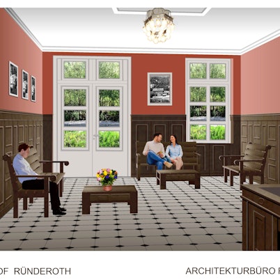 Visualisierung der Lobby des neuen Hotels im früheren Bahnhof von Ründeroth. Die Lobby soll den Charakter der früheren Wartehalle bewahren und stammt aus dem Büro des Architekten Ralf Rother