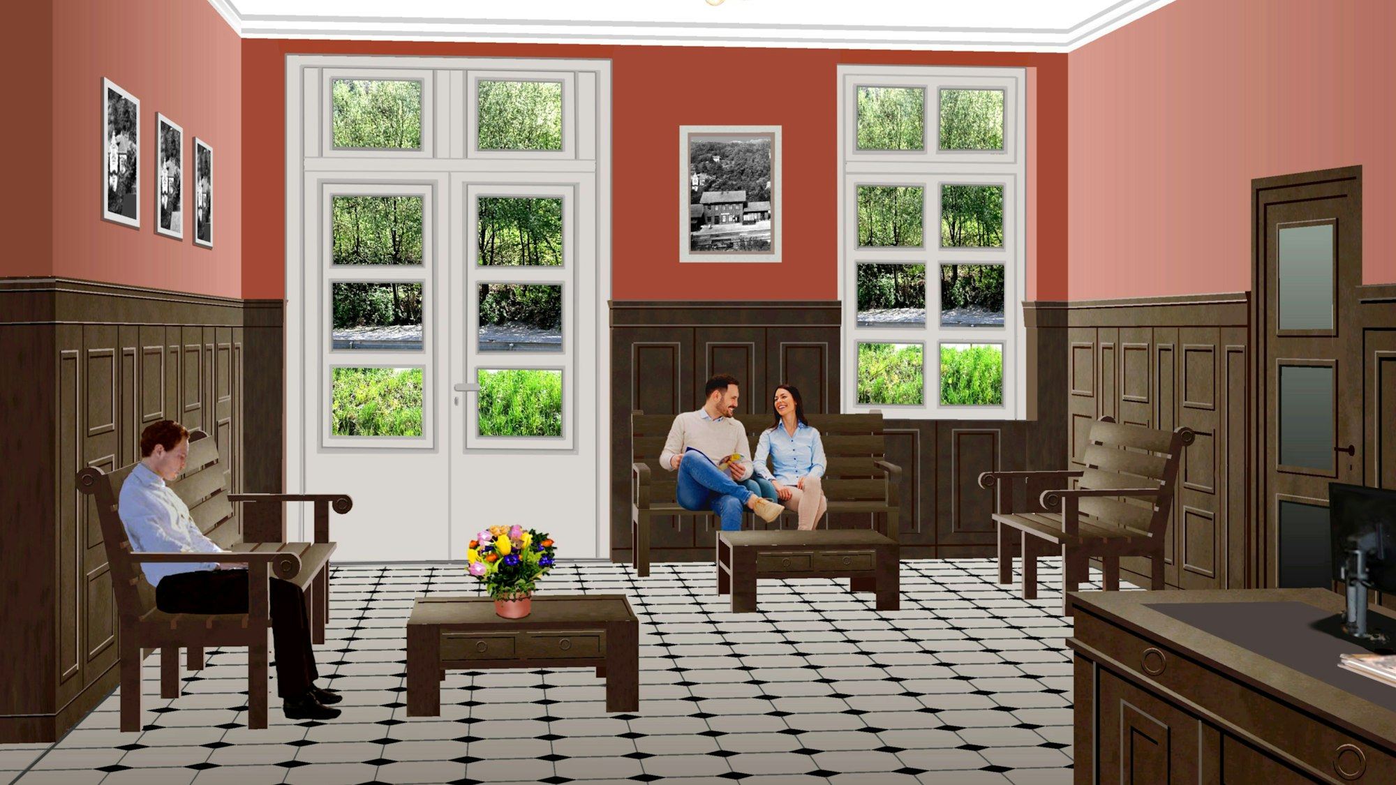 Visualisierung der Lobby des neuen Hotels im früheren Bahnhof von Ründeroth. Die Lobby soll den Charakter der früheren Wartehalle bewahren und stammt aus dem Büro des Architekten Ralf Rother