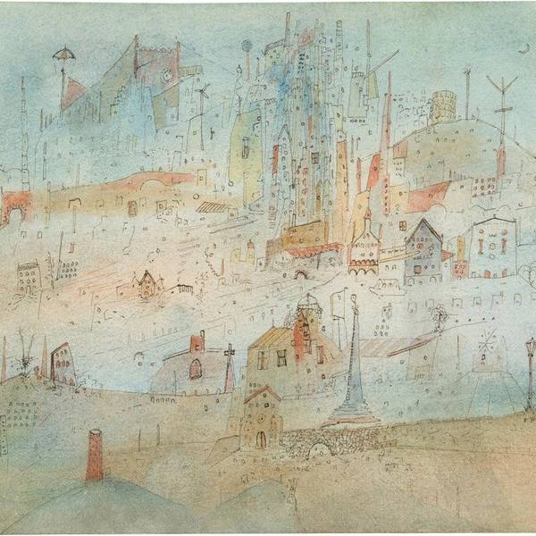 Eine Landschaft mit Stadt in durchscheinenden hellen Farben.