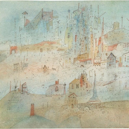 Eine Landschaft mit Stadt in durchscheinenden hellen Farben.