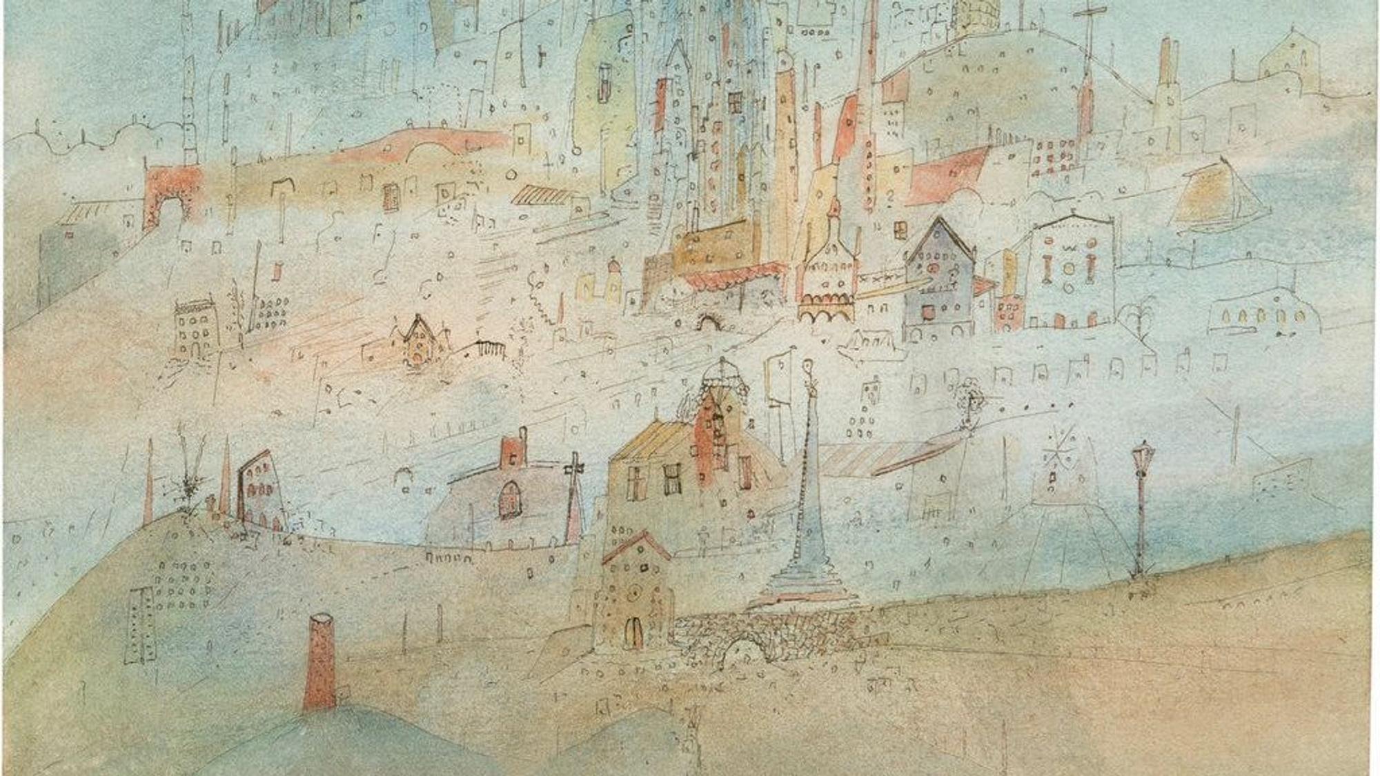 Eine Landschaft mit Stadt in durchscheinenden hellen Farben.