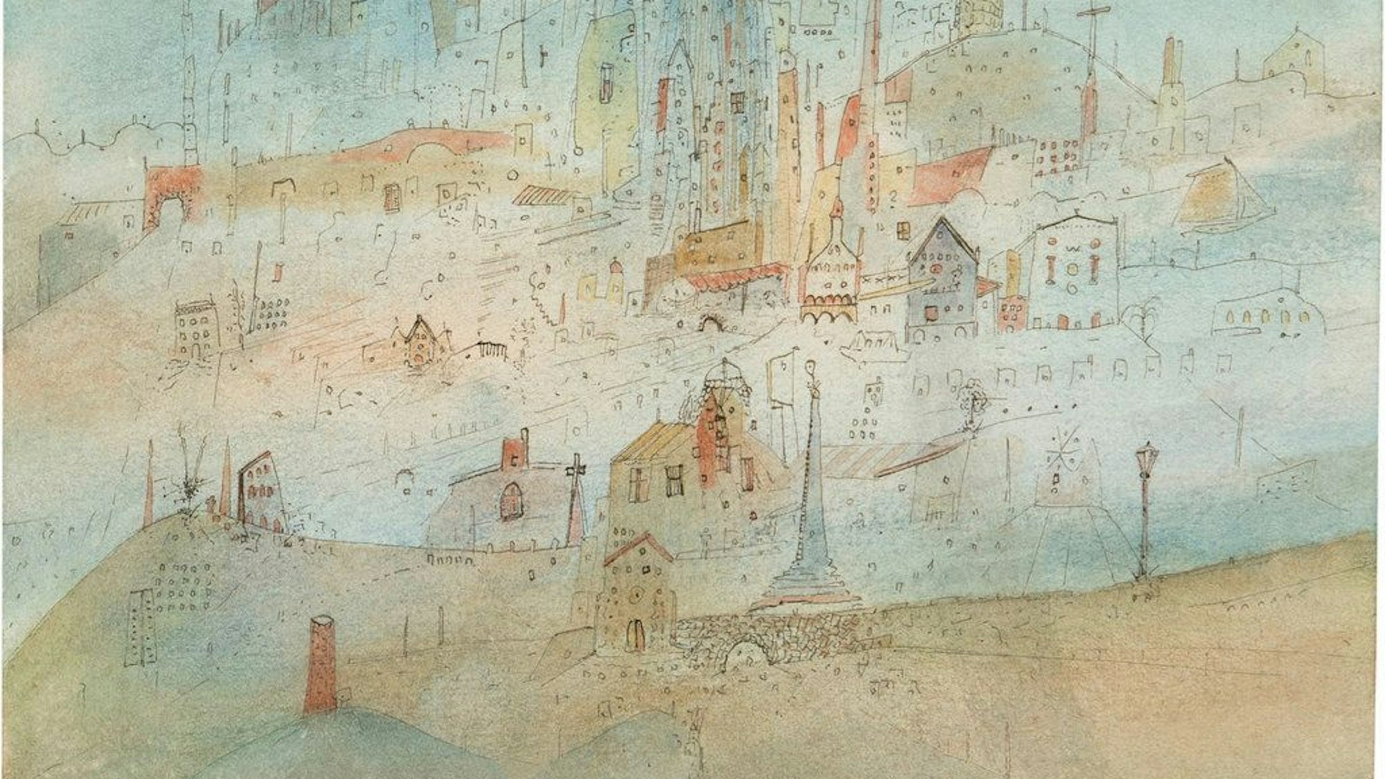 Eine Landschaft mit Stadt in durchscheinenden hellen Farben.