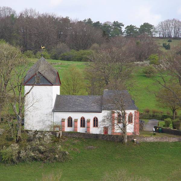 Die Alte Kirche von außen betrachtet: umgeben von Wiesen und einigen Bäumen.