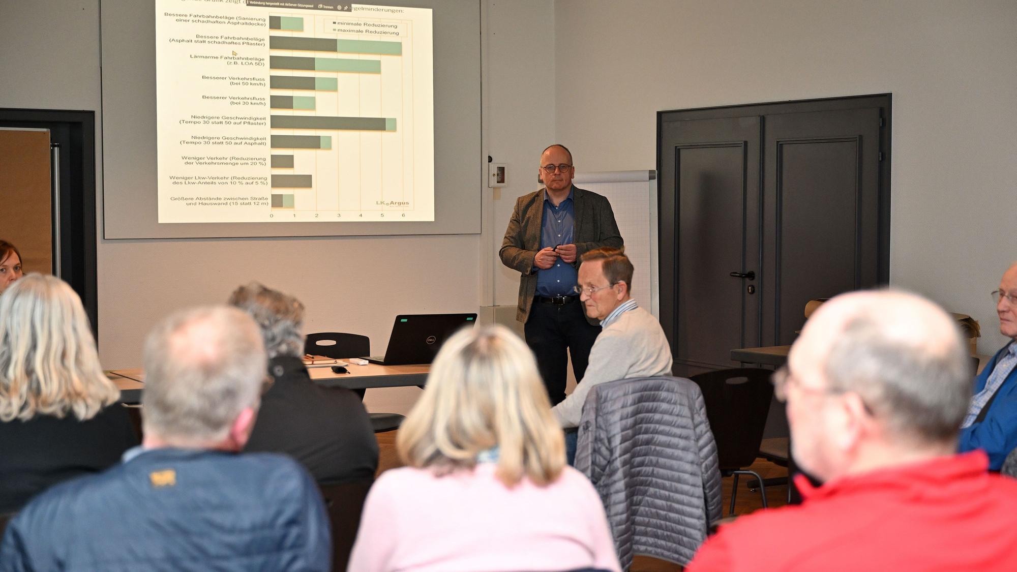 Menschen sitzen in einem Saal und schauen auf eine Leinwand mit Balkendiagrammen. Daneben ein Mann von der Verwaltung.