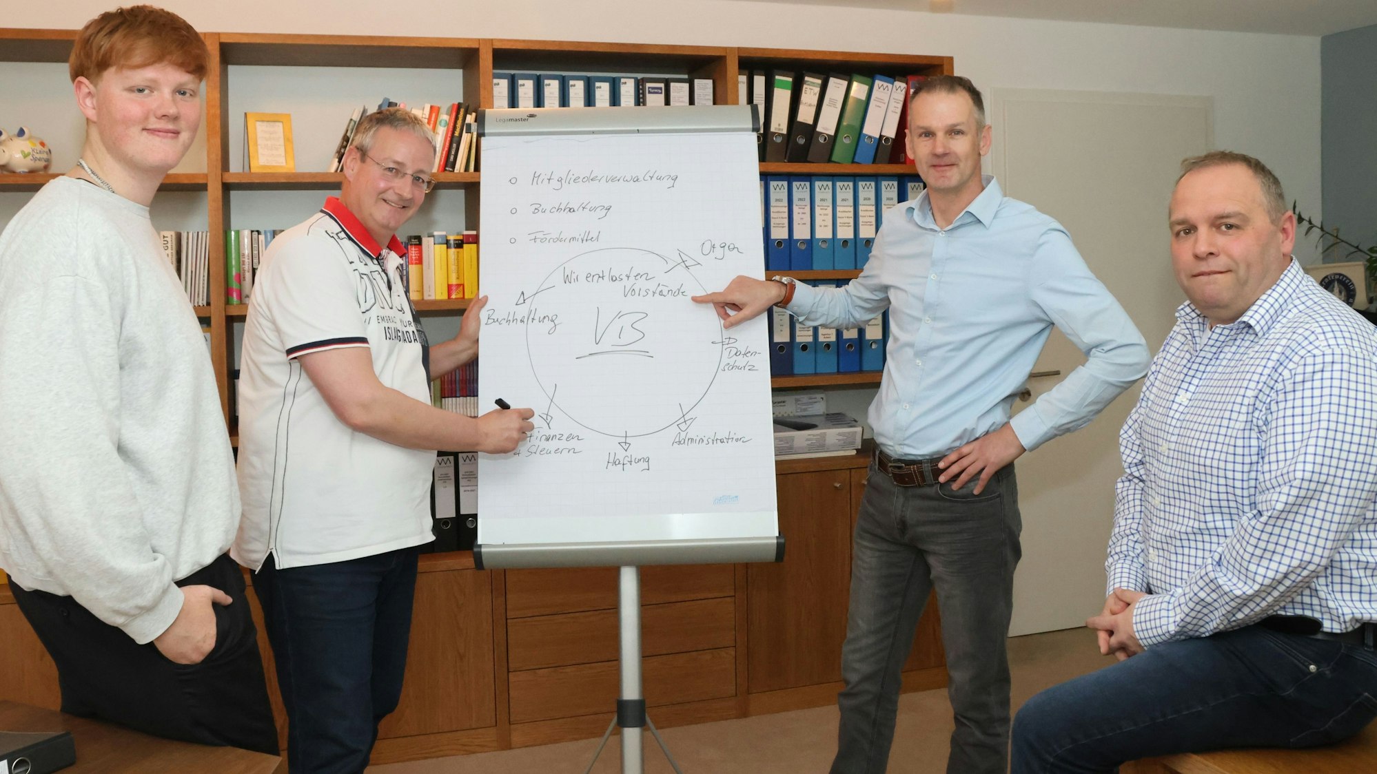 Vier Männer stehen vor einem Flipchart.