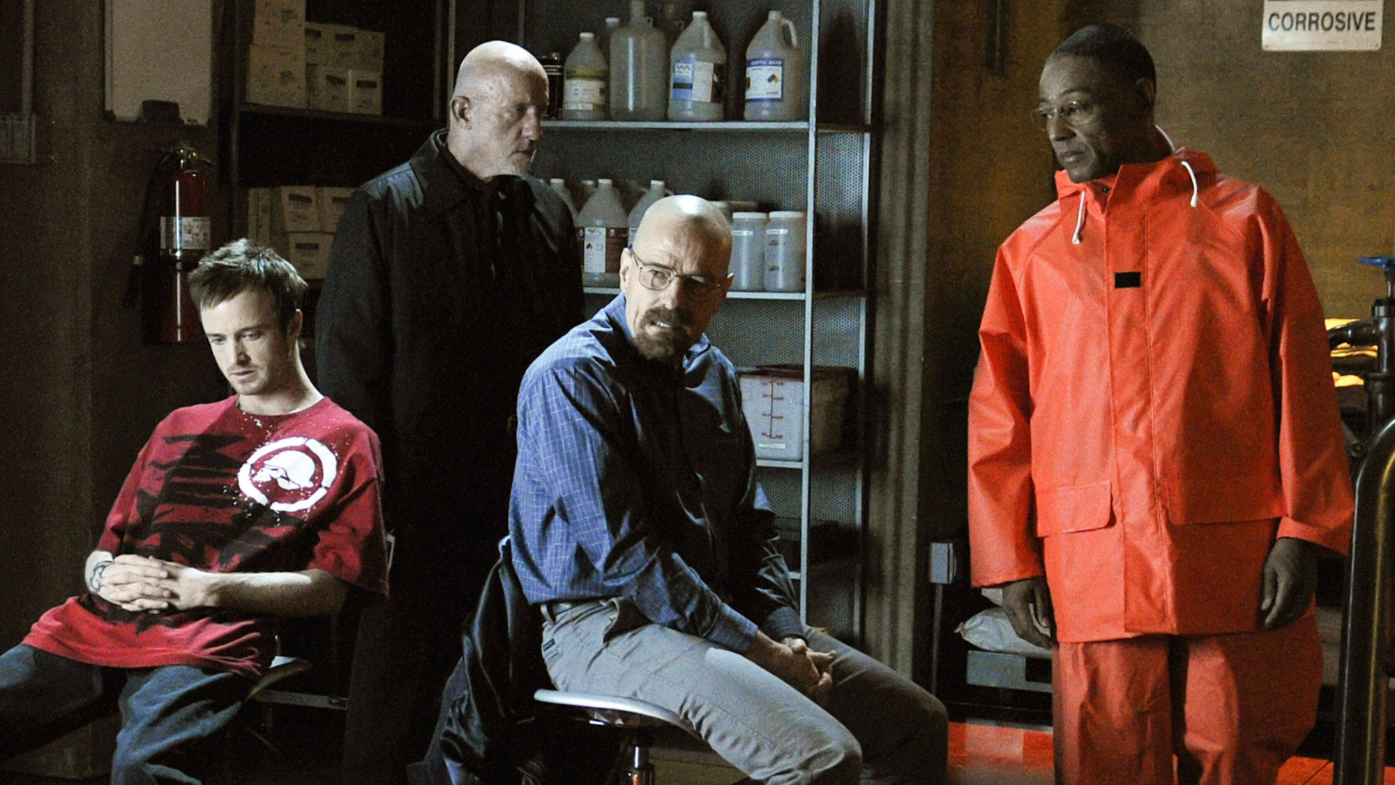 Die Stars aus Breaking Bad: Aaron Paul, Jonathan Banks, Bryan Cranston und Giancarlo Esposito (v.l.n.r.). Serien-Star Esposito hat nun Einblicke in düstere Zeiten in seinem Leben gegeben. (Archivbild)